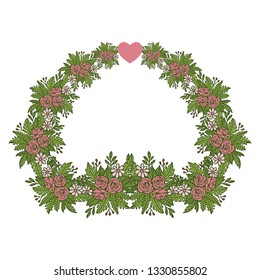 Vector illustration pink wreath frame blooms with greeting card hand drawn