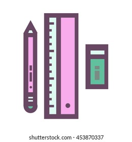 Vector illustration of pink writing tools on white background. Pencil eraser ruler