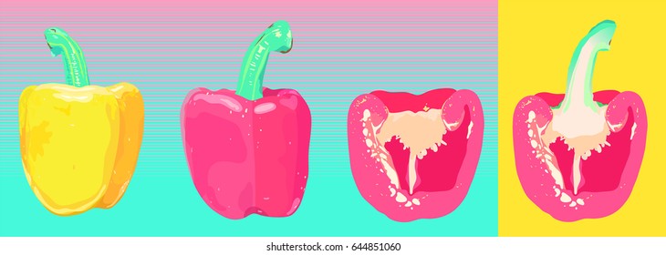 Vector illustration Pink and yellow bell pepper. Whole,and half on colourful background. Flat cartoon style