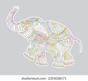 Vector illustration of pink, yellow, blue watercolor painted elephant silhouette with white ethnic tribal ornaments on a grey background 