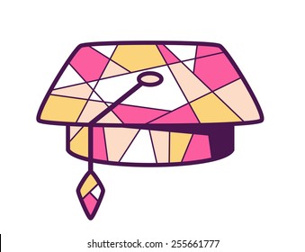 Vector illustration of pink and yellow graduation cap on light background. Bright color line art design for web, site, advertising, banner, poster, board and print.