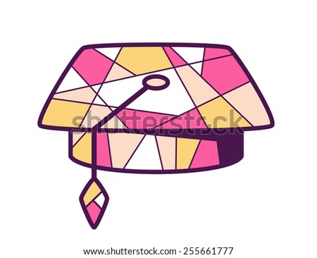 Vector illustration of pink and yellow graduation cap on light background. Bright color line art design for web, site, advertising, banner, poster, board and print.