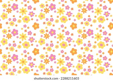 Vector illustration of pink, yellow, orange flower pattern on white background for wallpaper, backdrop, fabric print, decoration, blossom, blooming, banner, poster, duvet, garment, kid clothes, nature