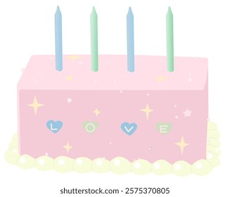 A vector illustration of a pink-colored cake decorated with the word "Love" and topped with four candles, perfect for themes of romance, celebrations, Valentine's Day, or special occasions.