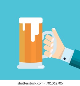 Vector illustration pint of beer in male hand in suit. Drink beer concept illustration with abstract male hand holding beer mug