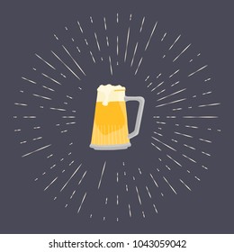 Vector illustration with pint of beer on black background with sunbeam. Big beer glass mug with foam. Light craft Beer. Design for beer pub, brasserie, bar poster or brewers t-shirt.