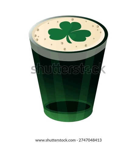 Vector illustration of a pint of green beer for St. Patrick's Day featuring a four-leaf clover shamrock on the creamy foam isolated on white background