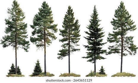 Ilustração vetorial de árvores de Pinus contorta, pinho lodgepole, pinho da costa, pinho torcido, pinho contorta, árvore de recorte isolada, silvicultura, floresta de coníferas, paisagem natural.