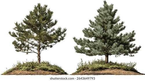 Vector illustration of Pinus muricata and radiata isolated tree cutout, coniferous forest, evergreen tree silhouette, botanical clipart, nature landscape, forestry vegetation.