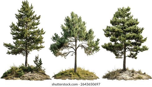Vector illustration of Pinus ponderosa and Pinus radiata conifer trees isolated, tree cutout, forestry design, natural landscape, pine trees, woodland plants, outdoor greenery.