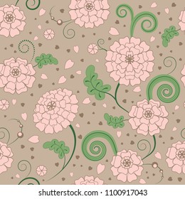 Vector illustration of pions in the form of a seamless pattern. Floral ornament, seamless texture. Perfect design for posters, cards, textile, web pages. Beautiful hand-drawn flowers.