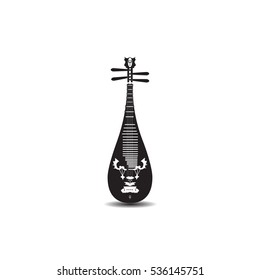 Vector illustration of pipa isolated on white background. Black and white chinese string plucked musical instrument in flat design.