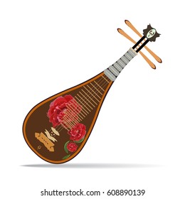 Vector illustration of pipa isolated on white background. Chinese string plucked musical instrument with peony flowers in flat design.