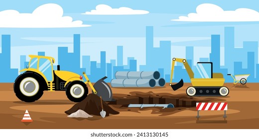 Vector illustration of pipe laying process. Cartoon scene of laying pipes: excavator, tractor, shovel, wheelbarrow, pit with pipes, signal cone, silhouettes of houses.