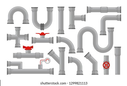 Vector illustration of pipes, types for water collection. Steel and plastic connectors, pipes in grey color with red valves in flat style isolated on white background.