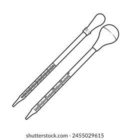 Ilustración vectorial Pipetas dibujado a mano boceto herramientas de laboratorio arte en línea, vista isométrica, aislado sobre fondo blanco, Para niños libro de colorear o ilustración de la ciencia.