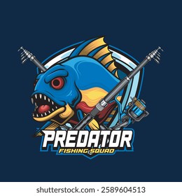 Vector Illustration of Piranha Fish with Fishing Rod in Detailed Vintage Illustration Available for Logo Badge