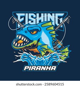 Vector Illustration of Piranha Fish with Fishing Rod in Detailed Vintage Illustration Available for Logo Badge