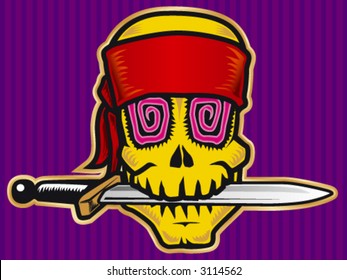 Vector illustration. Pirat skull with knife. color