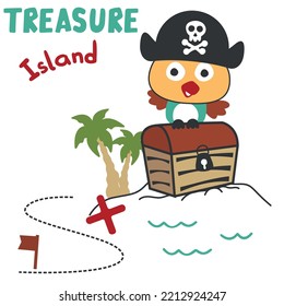 Vector illustration of pirate bird has found the treasure in cartoon style. Pirate flag, treasure chest. Isolate on a white background.