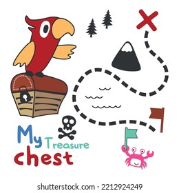 Vector illustration of pirate bird has found the treasure in cartoon style. Pirate flag, treasure chest. Isolate on a white background.