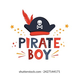 Ilustración vectorial Niño pirata letras con sombrero de pirata, cráneo y huesos. Logotipo de los niños. Estampado de tela. Ilustración de vector