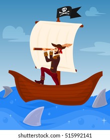 Vector illustration of a pirate captain leads his ship among dangerous sharks