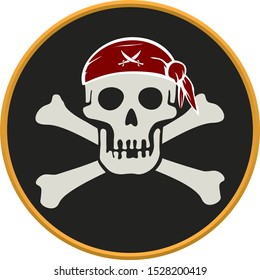 Vector illustration. Pirate circular emblem with text, skull and bones.