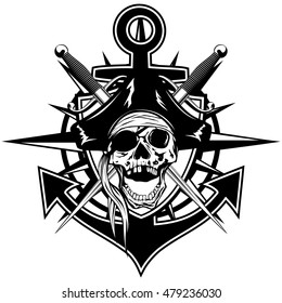 Vector illustration pirate emblem skull in cocked hat with crossed daggers and anchor