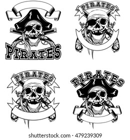 Vector illustration pirate emblem skull bandana or cocked hat and crossed flintlock pistols set. This font see in my portfolio.