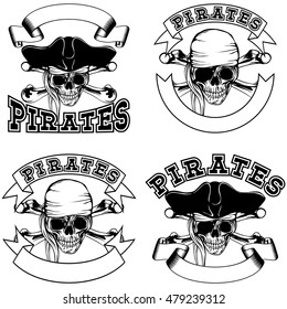 Vector illustration pirate emblem skull bandana and cocked hat and crossed bones set. This font see in my portfolio.