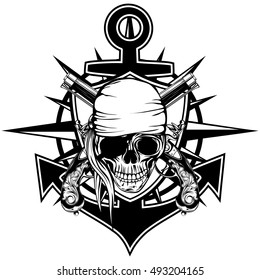 Vector illustration pirate emblem skull with bandana with crossed pistols and anchor