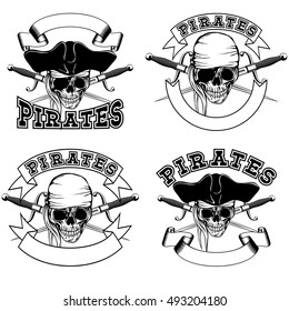 Vector illustration pirate emblem skull bandana and cocked hat and crossed daggers set