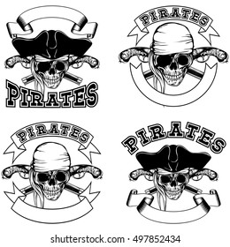 Vector illustration pirate emblem skull bandana and cocked hat and crossed flintlock pistols set