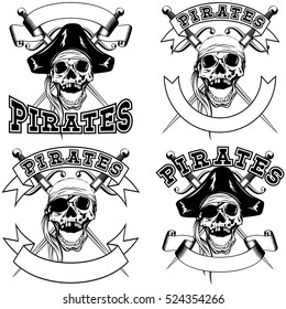 Vector illustration pirate emblem skull bandana or cocked hat and crossed daggers set.