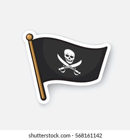 Vector illustration. Pirate flag with Jolly Roger and crossed sabers. Cartoon sticker in comics style with contour. Decoration for greeting cards, posters, patches, prints for clothes, emblems