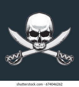 Vector illustration of the pirate flag sign, skull and crossed swords. Skull, swords, drop shadow and background neatly on separate well defined layers and groups.