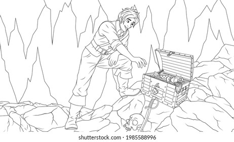 Vector illustration, pirate found treasure chest, coloring book