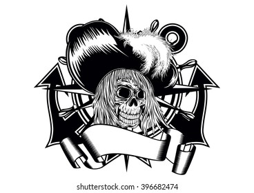 Vector illustration pirate in hat with feathers and anchor wheel