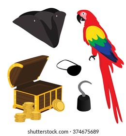 Vector illustration pirate icon set with pirate hook, pirate hat, pirate eye patch, red parrot and treasure chest