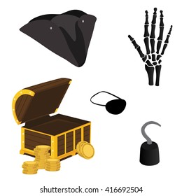 Vector illustration pirate icon set with pirate hook, pirate hat, pirate eye patch, hand bone and treasure chest