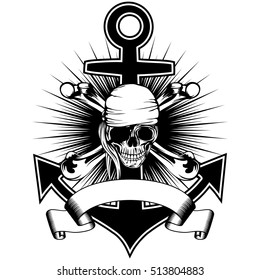 Vector illustration pirate insignia skull in bandana with crossed bones and anchor