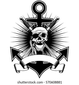 Vector illustration pirate insignia skull with bandana with crossed daggers and anchor