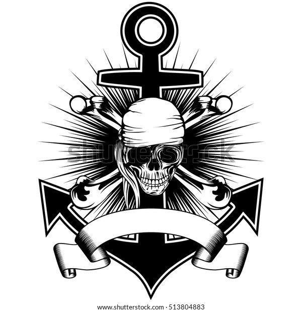 Vector illustration pirate insignia skull in\
bandana with crossed bones and\
anchor