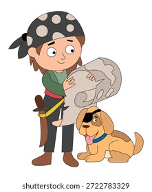 Vector illustration pirate looking at map with dog