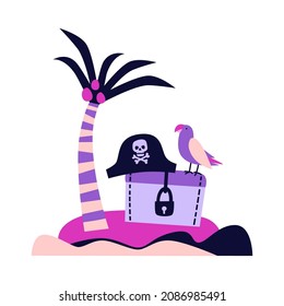 Ilustración vectorial de un pirata en una pierna. Barco pirata con bandera y cráneo. Ahoy mattey lettering. Cartel, para imprimir sobre textiles, para el diseño de paredes. Estilo dibujado a mano