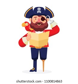 vector illustration of pirate reading map and his parrot