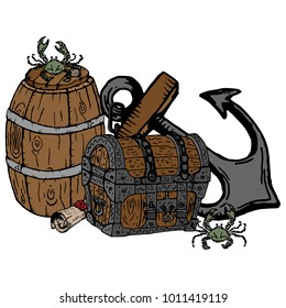 Vector illustration of a pirate set. Pirate wooden barrel and chest with coins. Old anchor. Vintage scroll. Ancient pirate chest with sea crabs. Hand drawn.