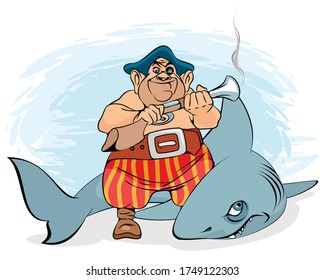 Vector illustration of a pirate and a shark he killed