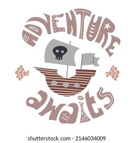Vector illustration of a pirate ship with hand lettering